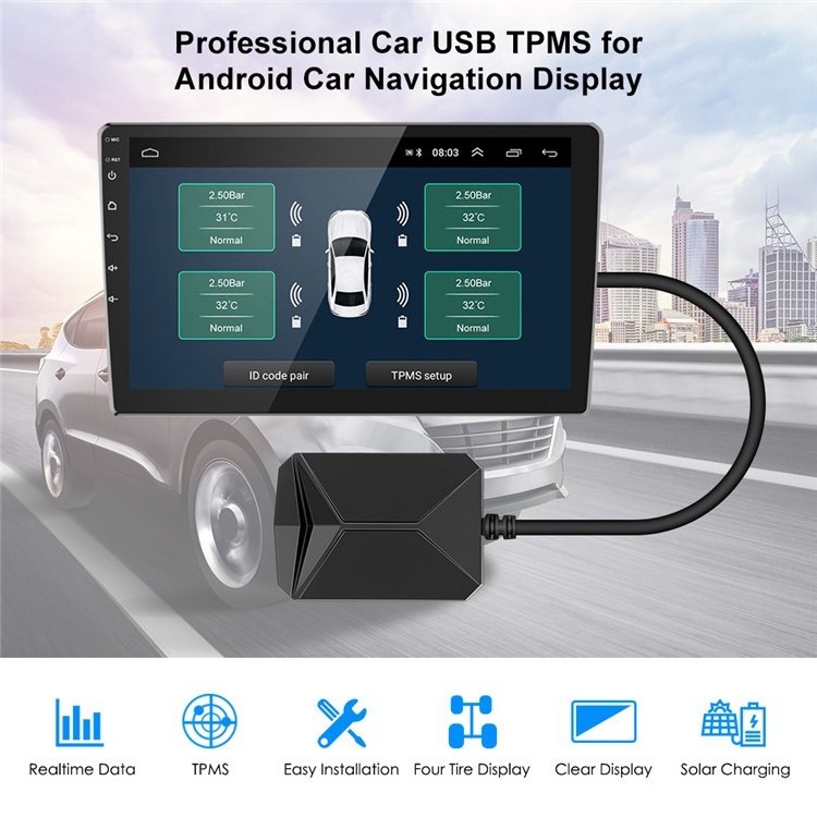 Android USB TPMS 8Bar 15Bar Tire Pressure Monitoring System Display Alarm System 5V External Sensors For truck Navigation