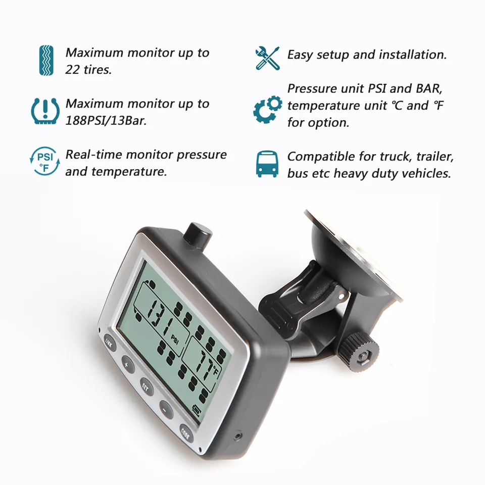 Truck RV Bus TPMS 6 8 12 14 16 18 26 199 PSI Wheels External Sensors Tire Pressure Monitoring System for Trailers Tire Gauges