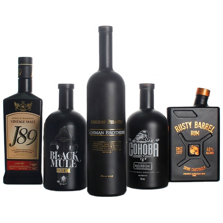 High quality matte black round 500ml 750ml tequila whiskey gin rum brandy vodka glass bottles for liquor