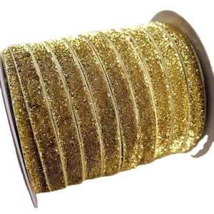 5/8"  inch none stretch woven gold sliver glitter metallic velvet ribbon wholesale