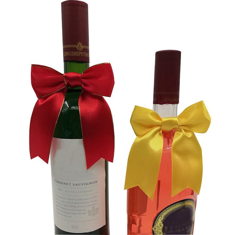 Factory custom wine bottle neck decorative satin ribbon bow with elastic