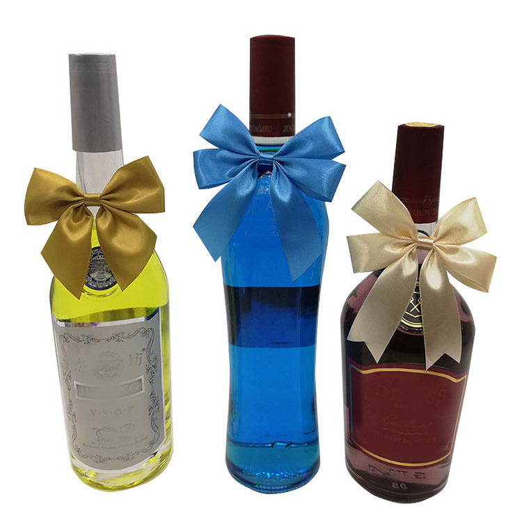 Factory custom wine bottle neck decorative satin ribbon bow with elastic