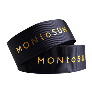 OEM Customized 25 mm gold sliver foil logo brand artwork black grosgrain ribbon 1 inch polyester custom printed grosgrain ribbon