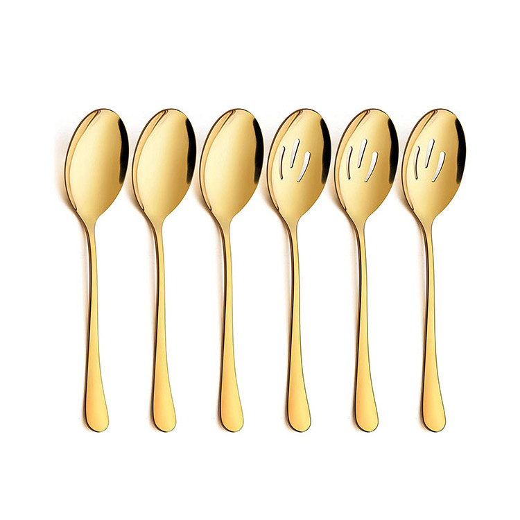 High Quality Medium 6PCS Stainless Steel Gold Slotted Serving Spoon Set for Party Buffet Restaurant Banquet