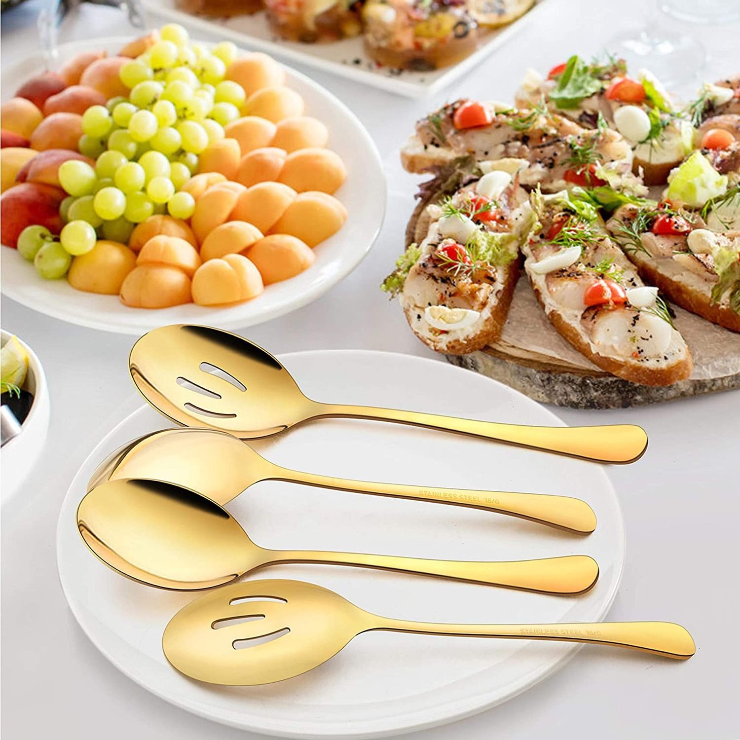 High Quality Medium 6PCS Stainless Steel Gold Slotted Serving Spoon Set for Party Buffet Restaurant Banquet