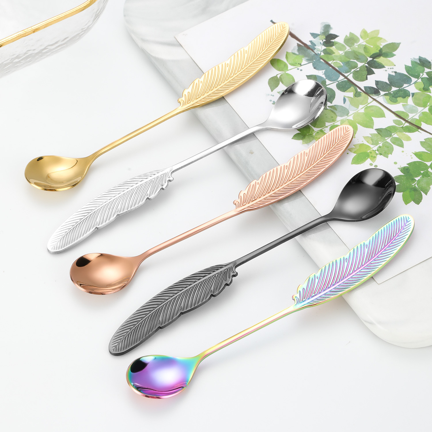 Dessert spoon with Feather Shape Creative Stainless Steel 18/8 Stirring Tea Coffee Spoon