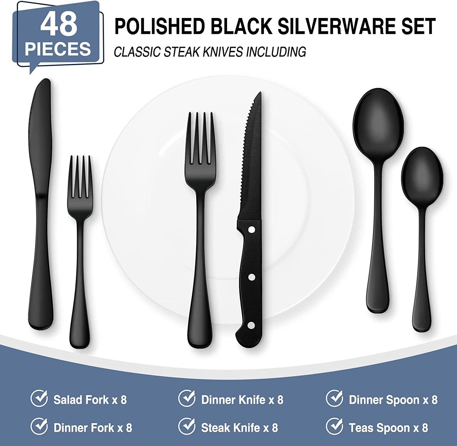 Black Flatware Set Stainless Steel Tableware Cutlery Set Black Silverware Set with Steak Knives