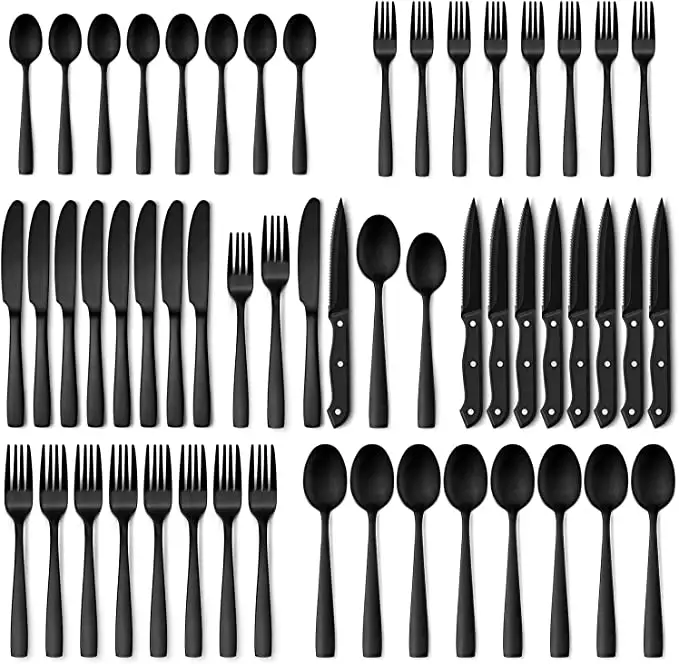 Black Flatware Set Stainless Steel Tableware Cutlery Set Black Silverware Set with Steak Knives