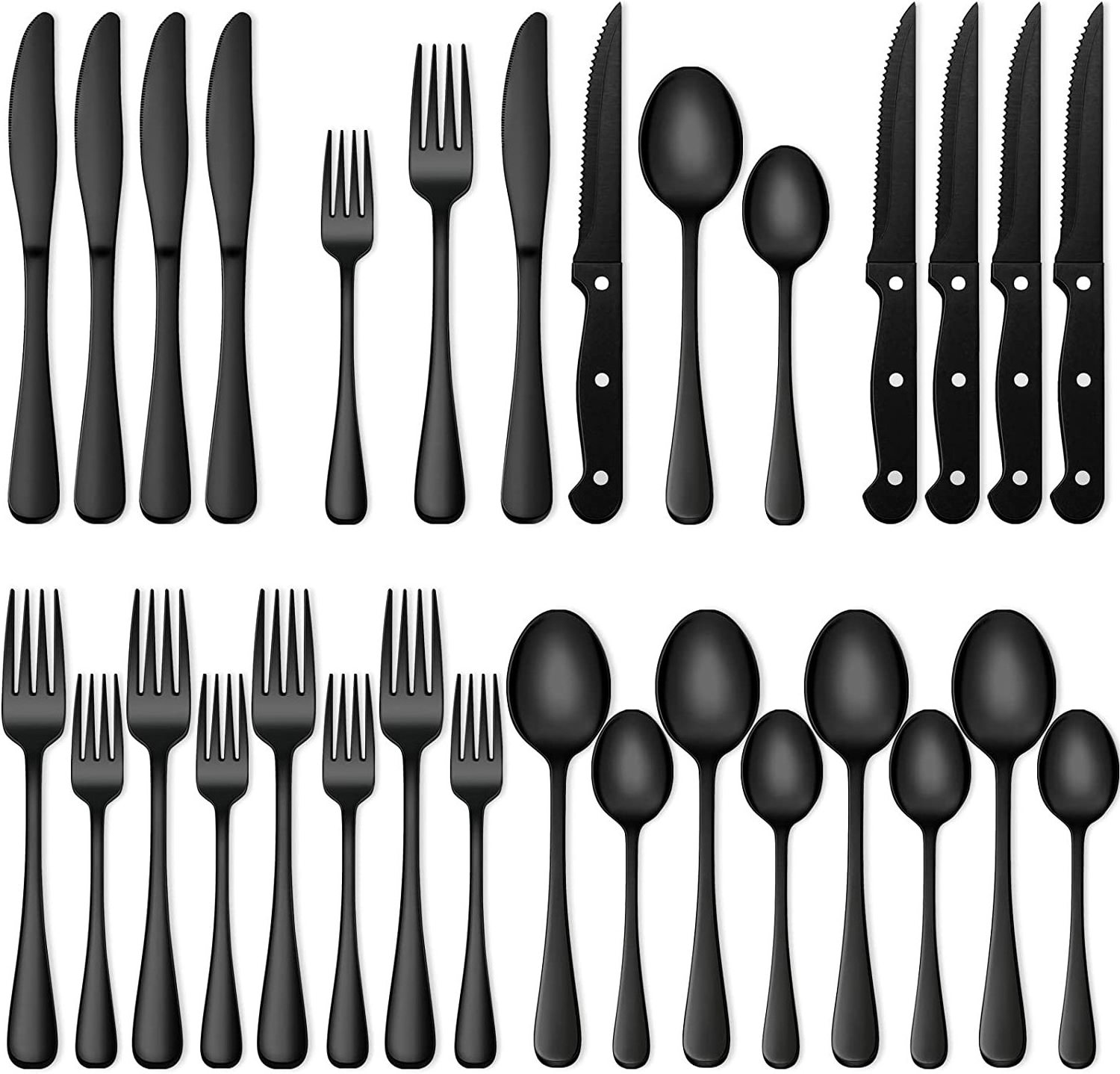 Black Flatware Set Stainless Steel Tableware Cutlery Set Black Silverware Set with Steak Knives