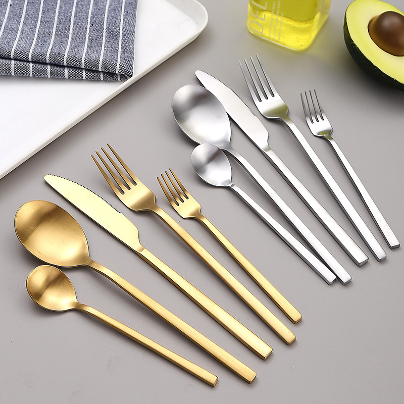 5piece Knife Spoon Fork Set Gold Cutlery Set  Square Thick Handle Stainless Steel Gold Flatware sets