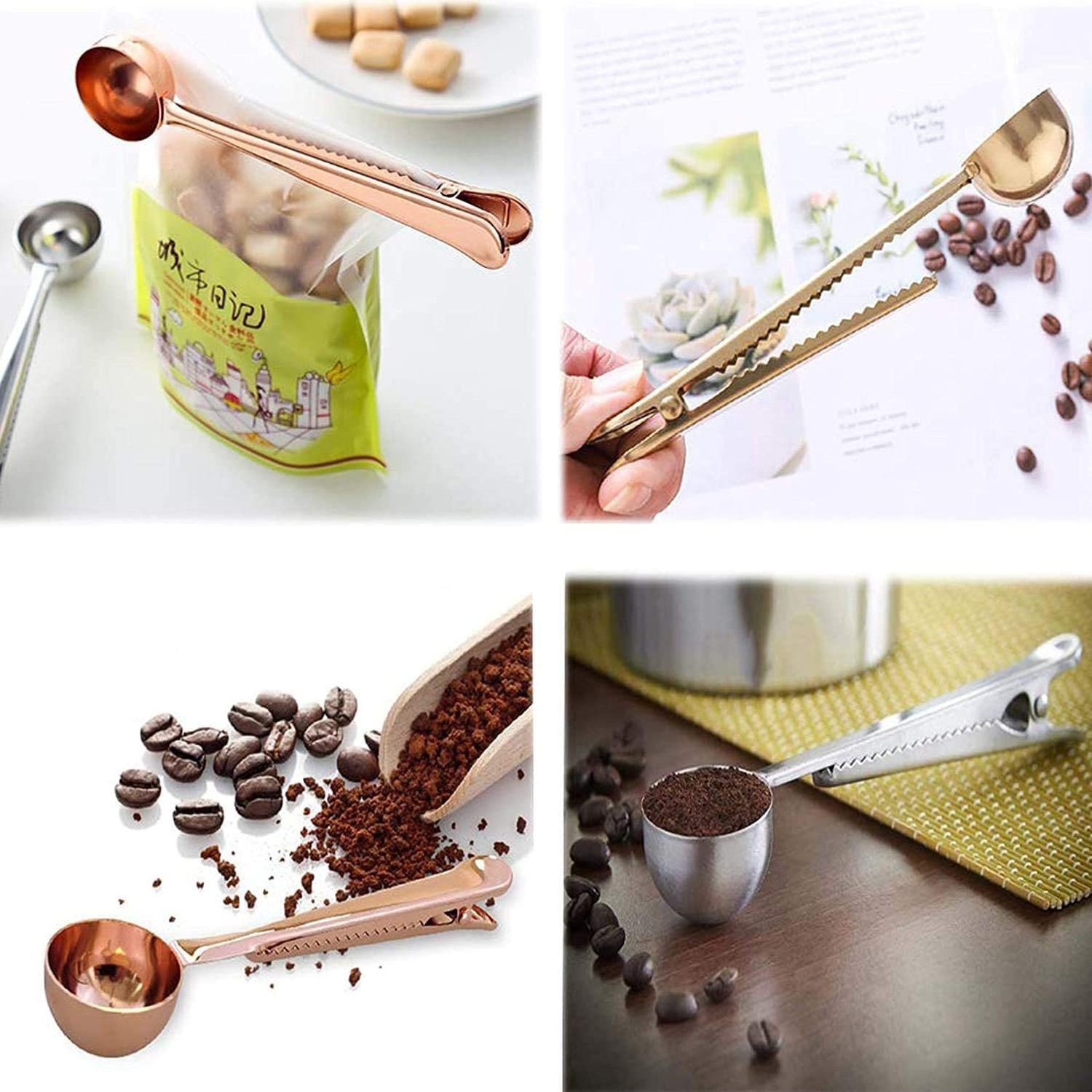 Food Grade Stainless Steel Brass Gold Copper Measuring Spoon Scoop with Bag Sealing Clip for Coffee Bean