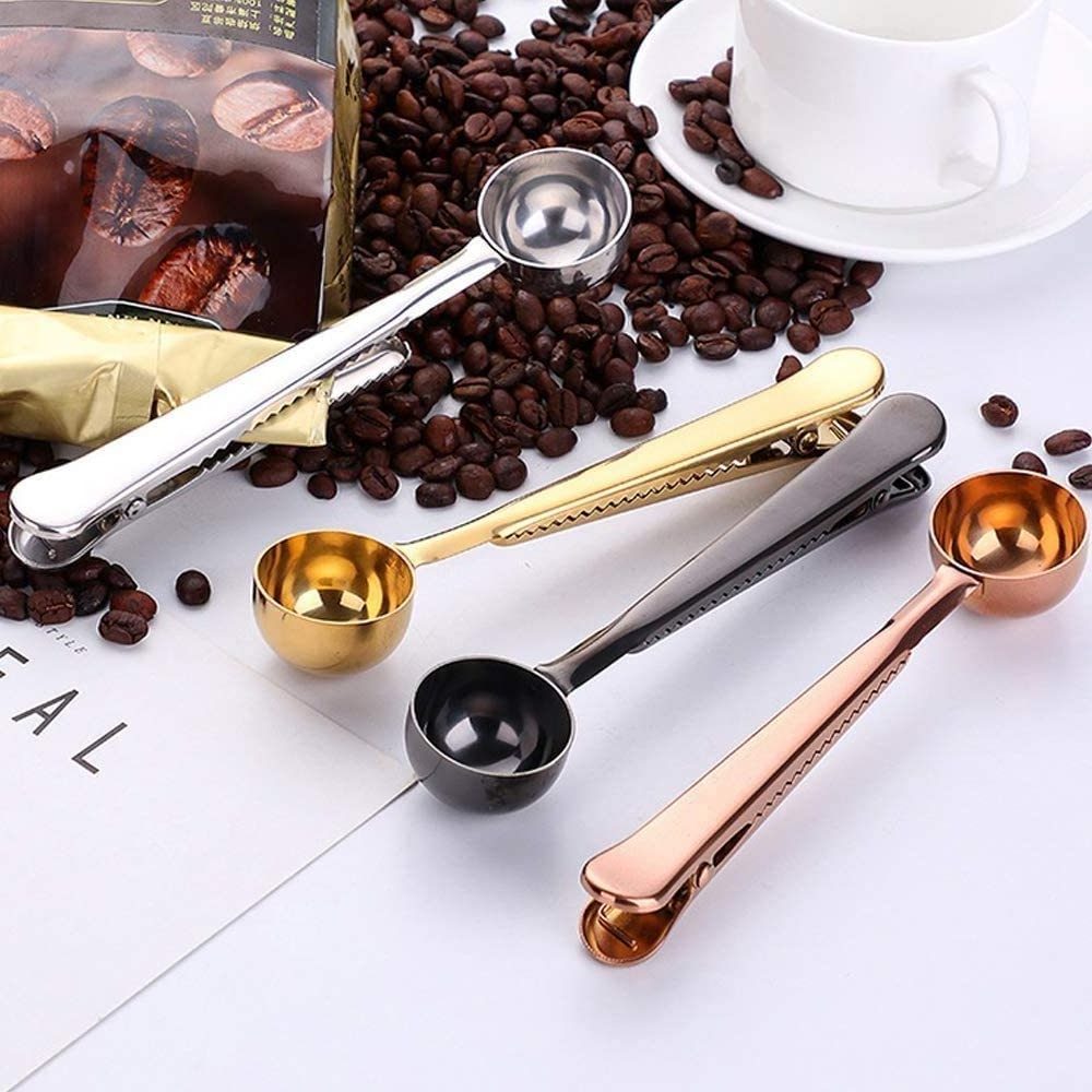 Food Grade Stainless Steel Brass Gold Copper Measuring Spoon Scoop with Bag Sealing Clip for Coffee Bean