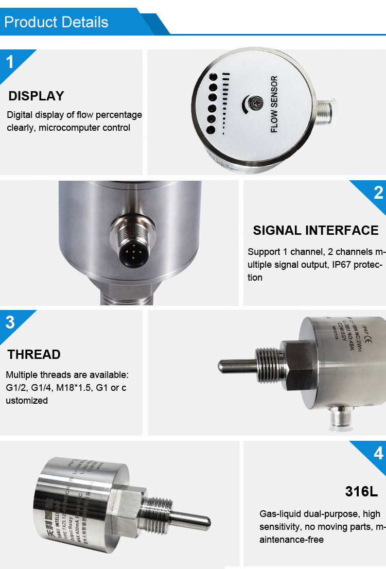 TXZL12  electronic  air  water flow sensor switch Relay Output SS Digital Display Thermal Diffusion Thermal Flow Switch