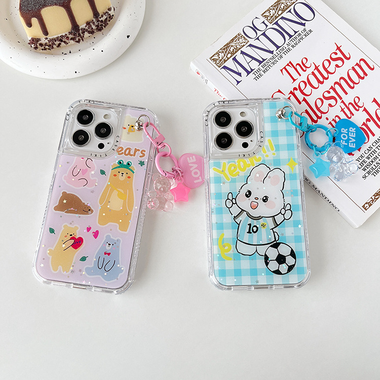 Women Cute Heart Chain Phone Case Hard 3 In 1 Cartoon 3D Bear Cover For iPhone 12 13 14 15 Pro