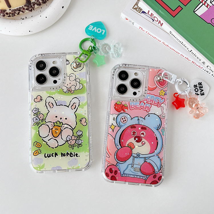 Women Cute Heart Chain Phone Case Hard 3 In 1 Cartoon 3D Bear Cover For iPhone 12 13 14 15 Pro