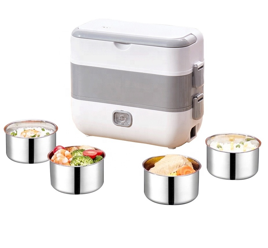 Hot Sale 2 In 1 220/240ac Electric Heating Lunch Box Blue Stainless Steel Heating Lunch Box Portable Office Steam Rice Cooker