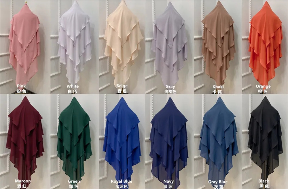 Wholesale 2023 hot sale women's khimar hijab fashion plain chiffon muslim niqab hijabs long Islam 3 layer abaya hijab