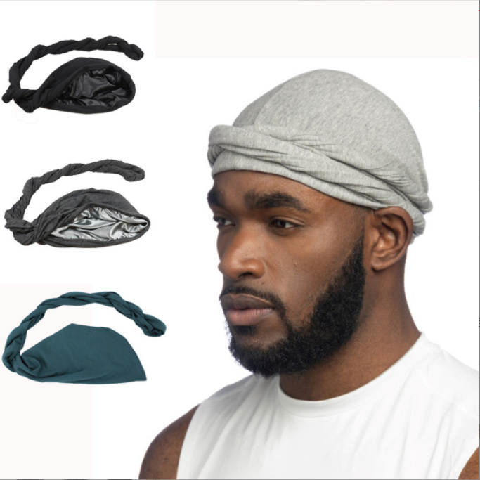 Ready to ship 2023 hot sale alpha turban hat for men high quality custom plain elastic silky lined durag men turban hats