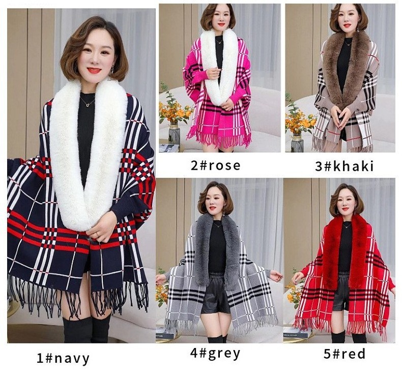 Wholesale ladies wool scarf poncho capes brand fall winter long sleeve stripe women's knit cardigan shawls with fur collar