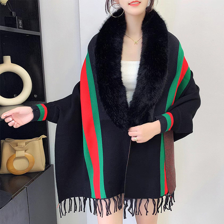 Wholesale ladies wool scarf poncho capes brand fall winter long sleeve stripe women's knit cardigan shawls with fur collar