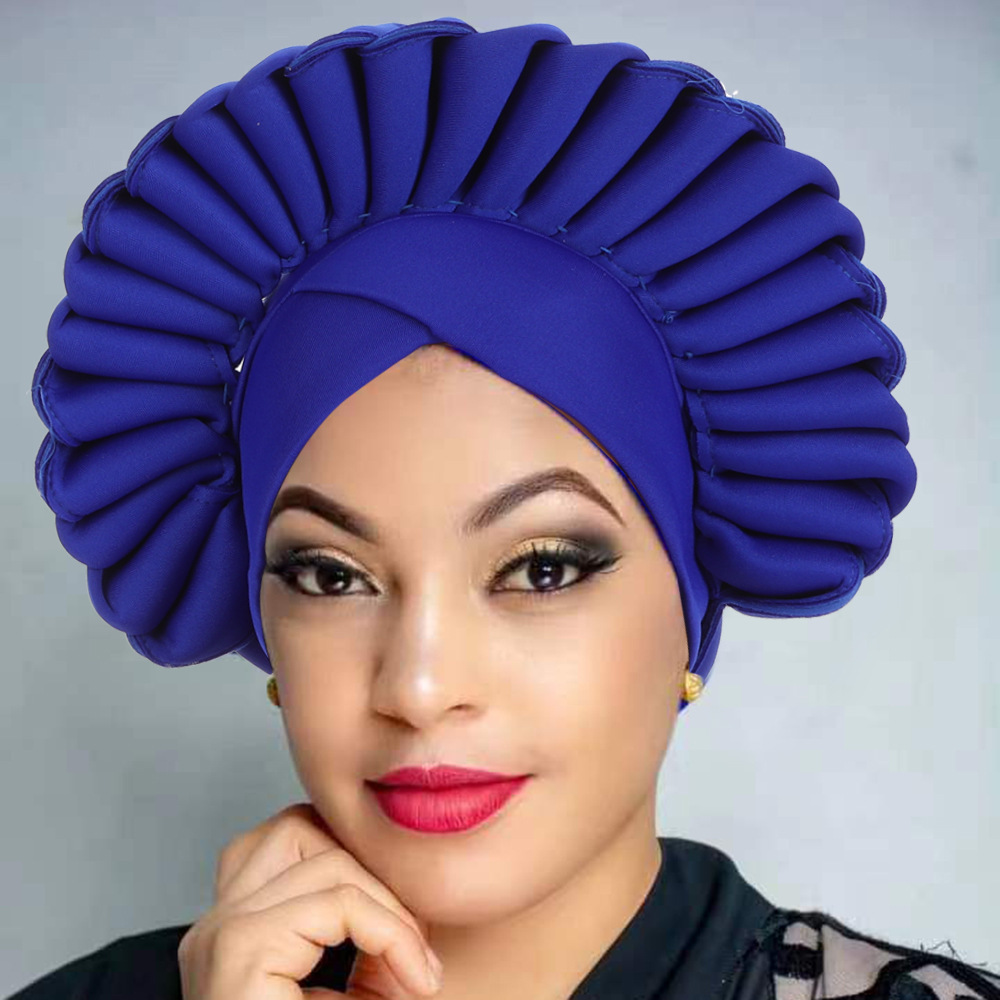 Wholesale 2024 latest ladies african bonnet plain nigerian Auto Gele headtie handmade crochet ethnic style female headwraps