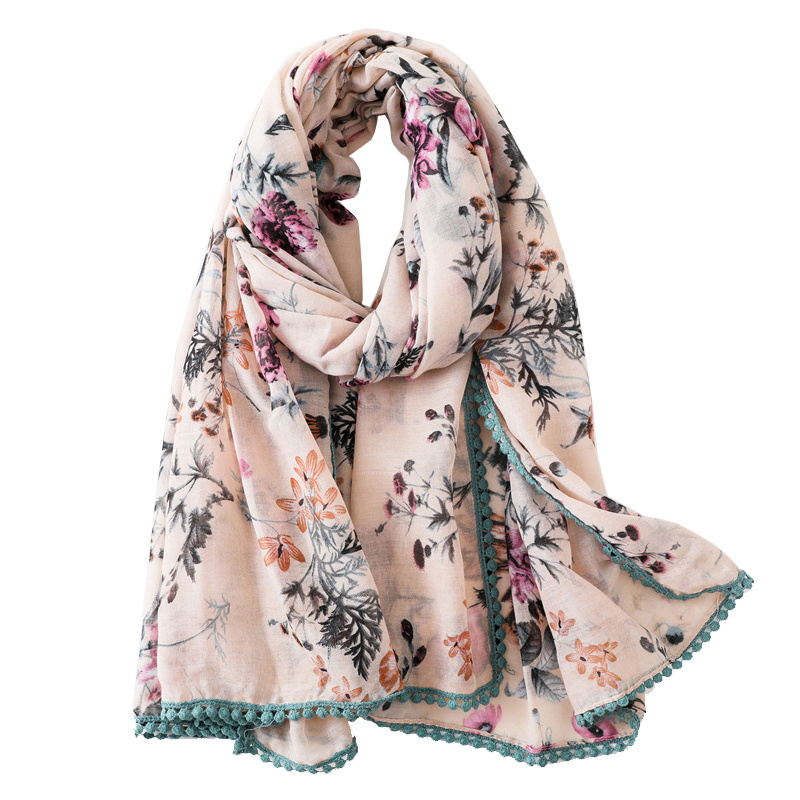 Wholesale hot sale hijabs scarfs 2018 fashion floral print soft long summer cotton scarfs with lace