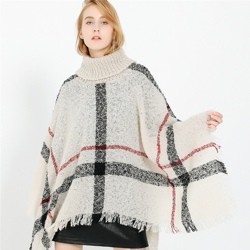 Wholesale 2022 hot sale ladies poncho sweater fashion 45colors plaid tassel windproof winter warm women pullover poncho