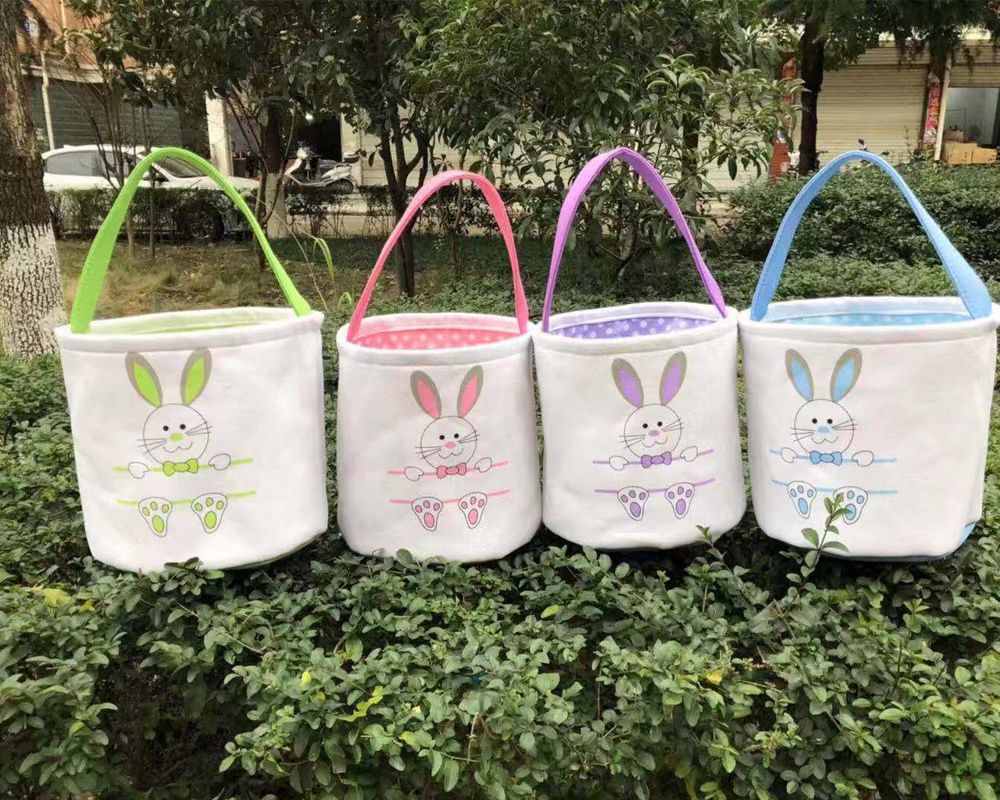 Wholesale 2021 hot sale kids candy egg rabbit easter gift bag high quality 4colors cotton canvas bunny print easter basket