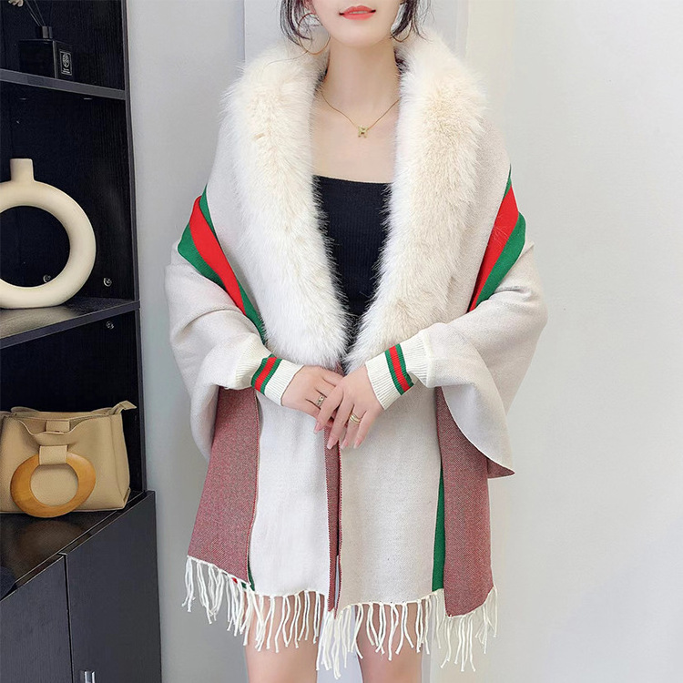 Wholesale ladies wool scarf poncho capes brand fall winter long sleeve stripe women's knit cardigan shawls with fur collar