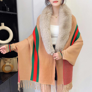 Wholesale ladies wool scarf poncho capes brand fall winter long sleeve stripe women's knit cardigan shawls with fur collar