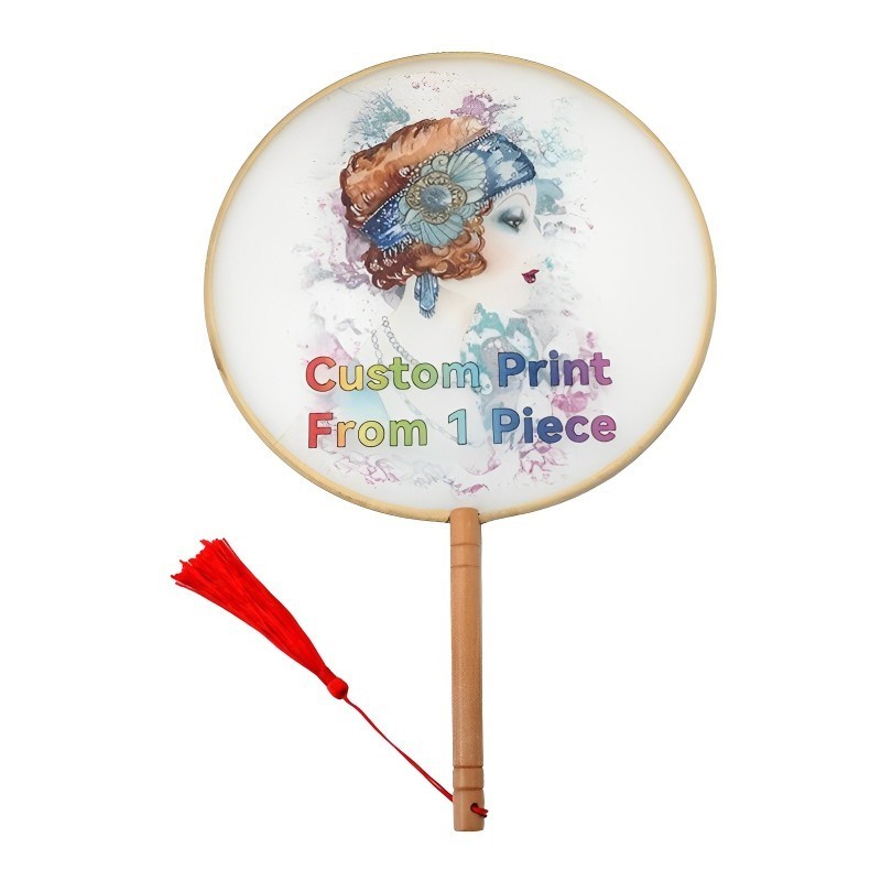 Chinese Style Print On Demand Custom High Quality Personalized Bamboo Hand Ancient Style Transparent Long Handle Round Hend Fan