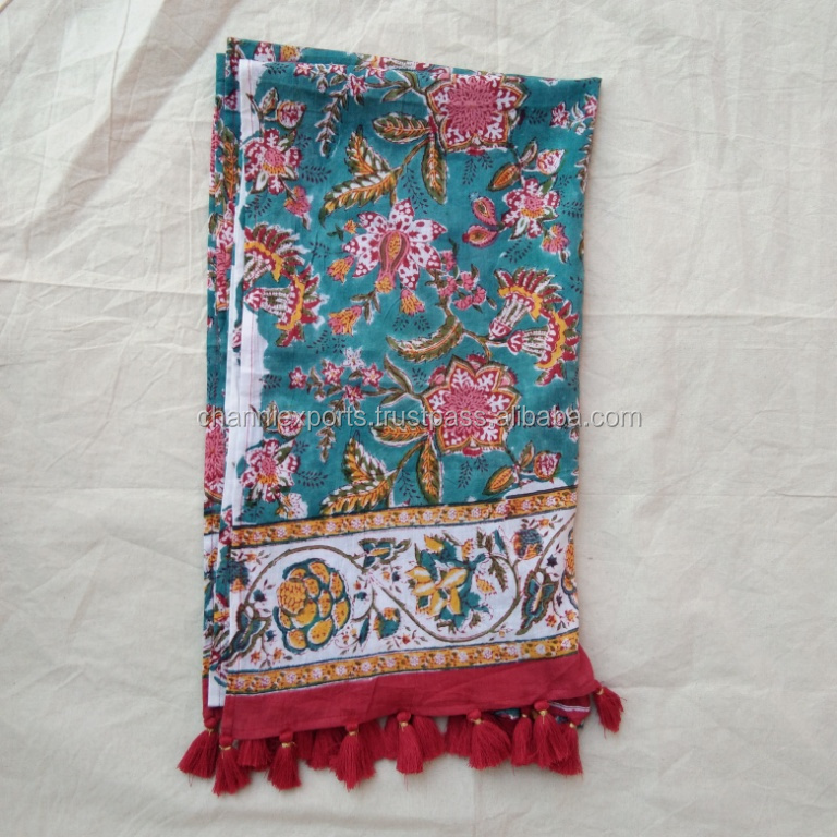 Wholesale Cotton Hand Block Printed Women's Neck Wrap Fringes Scarf, Beautiful Hand Block Printed Cotton Scarf For Summer,