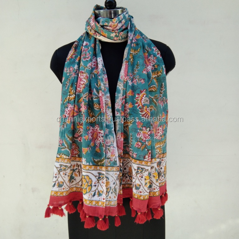 Wholesale Cotton Hand Block Printed Women's Neck Wrap Fringes Scarf, Beautiful Hand Block Printed Cotton Scarf For Summer,