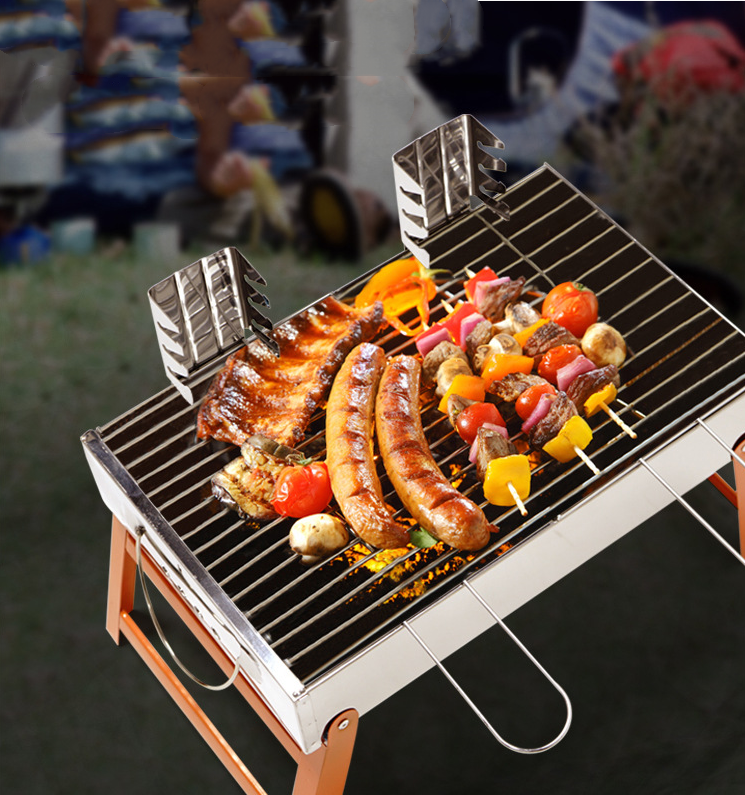 NEW Stainless Steel Folding Leg and Adjustable Height Table Top Charcoal Barbecue Grill w/Non-stick Grill Pan 2 Way Use