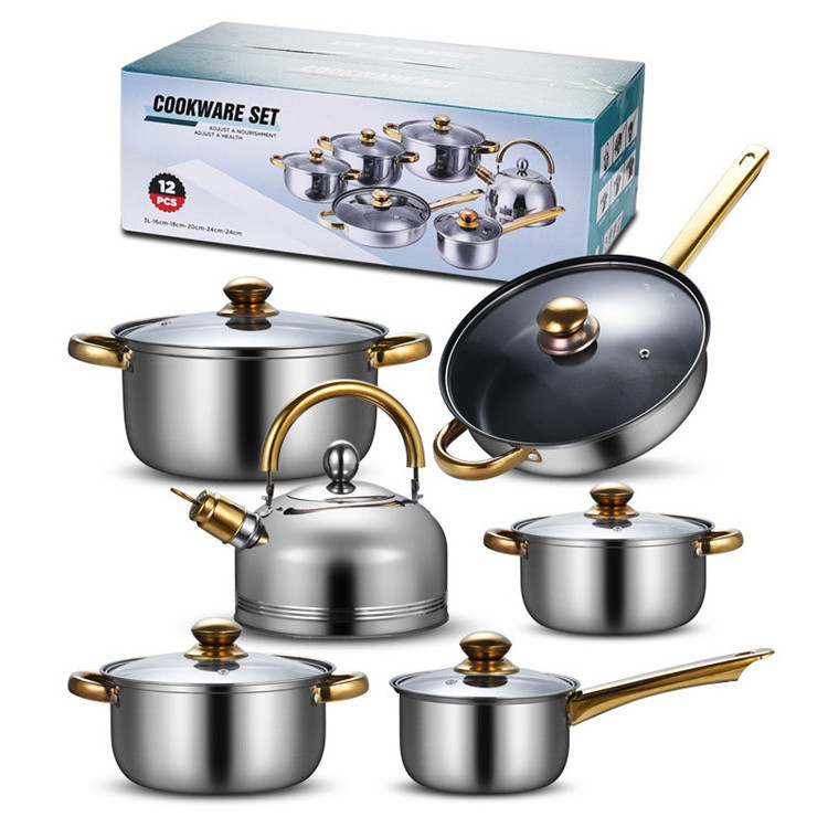 Modern kitchen cookware cooker 304 stainless steel 12 pcs korean non stick cooking pot set for gas and induction cooker