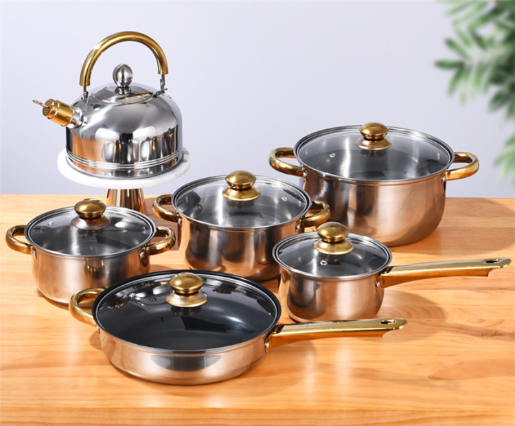 Modern kitchen cookware cooker 304 stainless steel 12 pcs korean non stick cooking pot set for gas and induction cooker