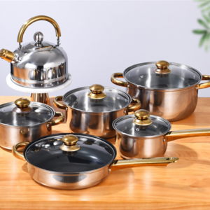 Modern kitchen cookware cooker 304 stainless steel 12 pcs korean non stick cooking pot set for gas and induction cooker