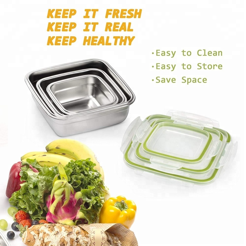 Manufacturers Wholesale Food Grade 3 Pcs 18/8 Stainless Steel Square Lunch Box Airtight Food Storage Container