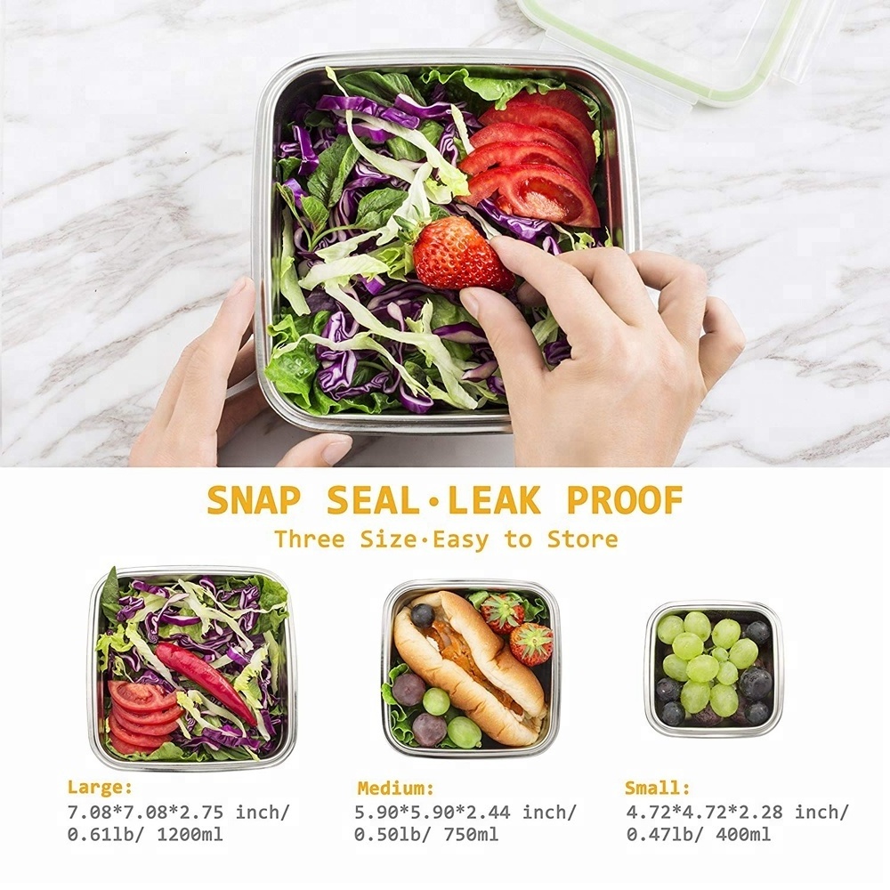 Manufacturers Wholesale Food Grade 3 Pcs 18/8 Stainless Steel Square Lunch Box Airtight Food Storage Container