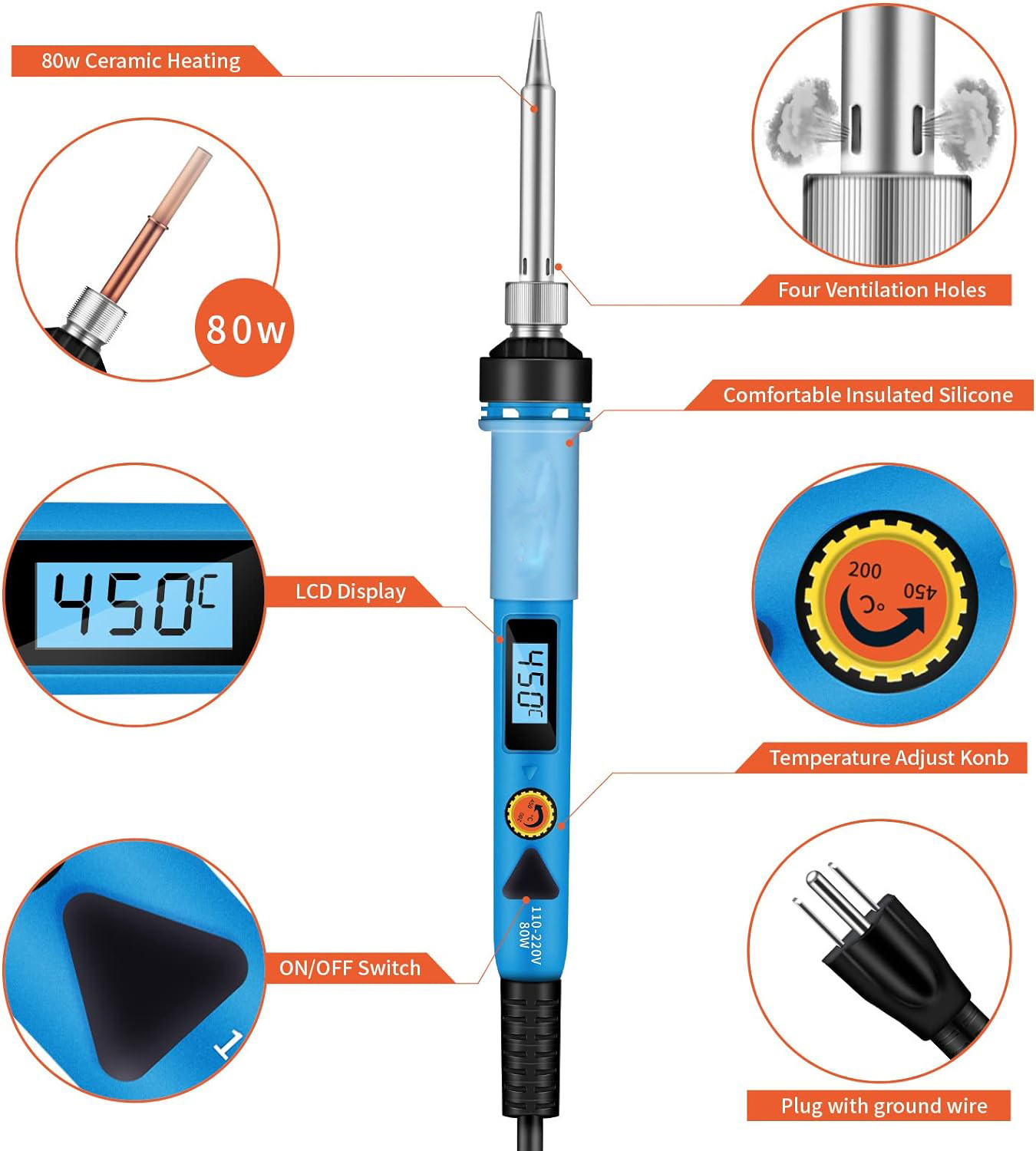 80W Digital LCD Solder Gun with ON/OFF Switch Adjustable Temperature Fast Heating Welding Tools Electronics Soldering Iron Kit