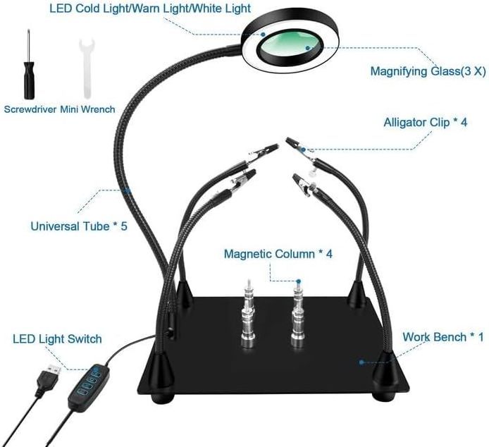 Upgrade Soldering  Hands with 3X LED Magnifying Lamp, Metal Circuit Board Holder, 4 Flexible  Arms Heavy, Magnetic Helping Hand