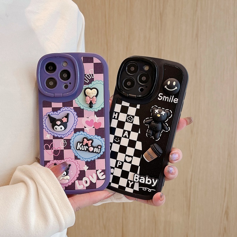 3D Lovely Kuromi and bear pattern phone case for iphone 13 14 camera stand holder case