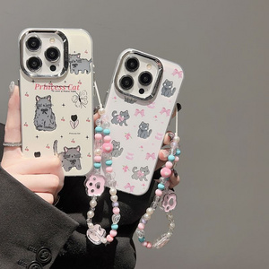 Customized colored silver cat printing beautiful lanyard women phone case for iphone 11 12 13 14 15