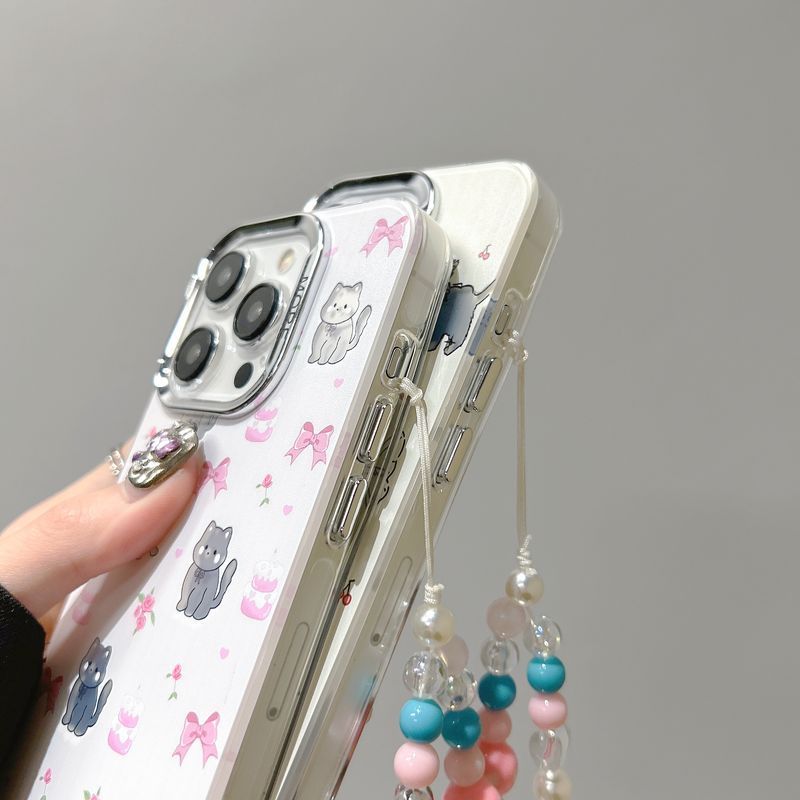 Customized colored silver cat printing beautiful lanyard women phone case for iphone 11 12 13 14 15