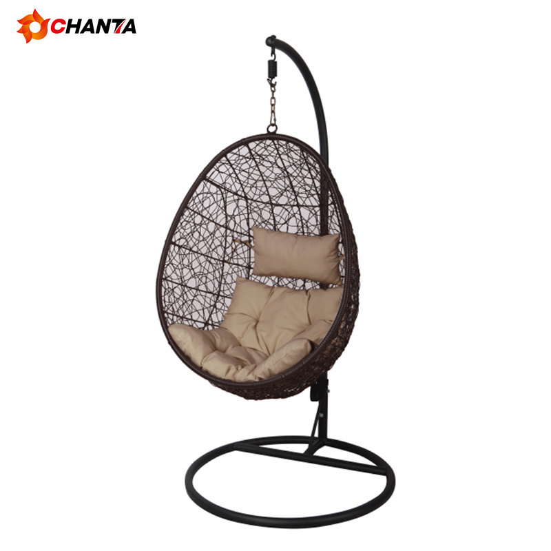 Garden Cane Furniture Metal Rattan Outdoor Patio Balcony Egg Shaped Nest Basket Adult Wicker Hanging Swing Chair with Stand