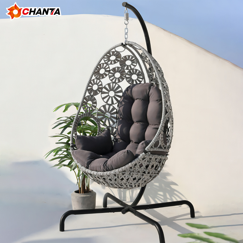 Garden Cane Furniture Metal Rattan Outdoor Patio Balcony Egg Shaped Nest Basket Adult Wicker Hanging Swing Chair with Stand