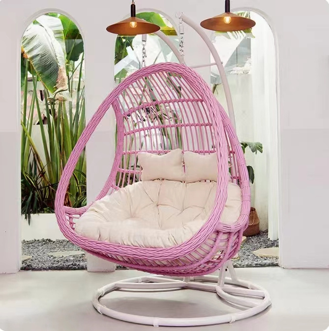 Pink Hanging chair with round frame rattan hanging egg garden rattan swing rattan swing chair