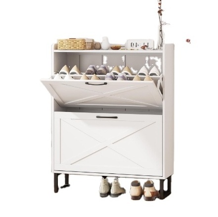 High Quality Factory  Narrow Shoe Rack Cabinet with 2 Flip Drawers for Entryway, Freestanding Shoe Rack with Metal Legs