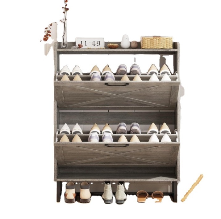 High Quality Factory  Narrow Shoe Rack Cabinet with 2 Flip Drawers for Entryway, Freestanding Shoe Rack with Metal Legs