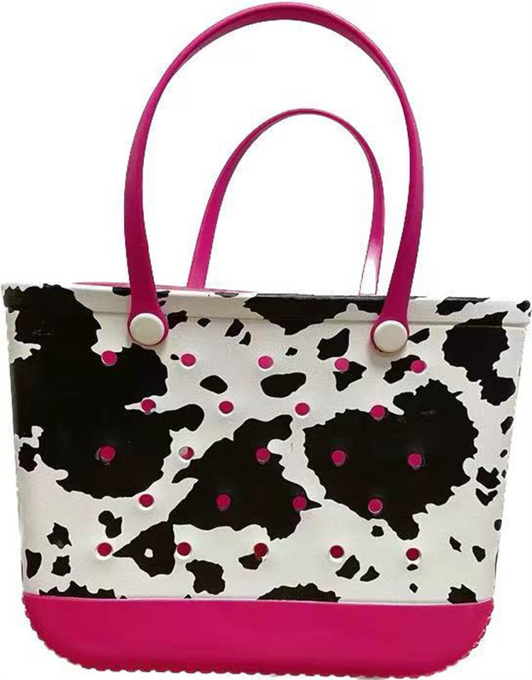 Waterproof Beach EVA Cow Print Tote Handbag Large Capacity Printed Mammy Weekend Bag With Hole Plastic Silicone Bogg Bag